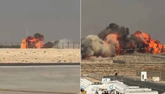 Smoke and flames rise after India’s indigenously built Tejas fighter jet crashed at the Dubai Airshow on 21 November 2025. — X/@IndianExpress