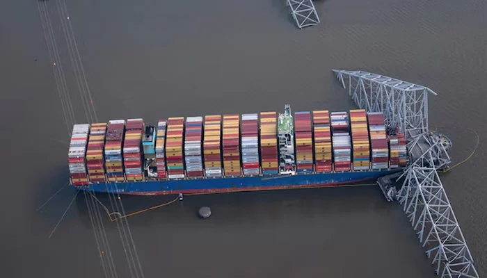 View of the Dali cargo vessel which crashed into the Francis Scott Key Bridge causing it to collapse in Baltimore, Maryland, US, April 4, 2024. — Reuters