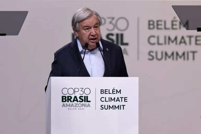 epa12508023 UN Secretary-General Antonio Guterres speaks during the opening of the COP30 leaders' summit at the Hangar Convention Center in Belem, Brazil, 06 November 2025. The leaders’ summit at the UN Climate Conference (COP30) kicked off in the Brazilian Amazon, with around 60 heads of state and government in attendance, seeking to lay the groundwork for negotiators. EPA/ANDRE COELHO