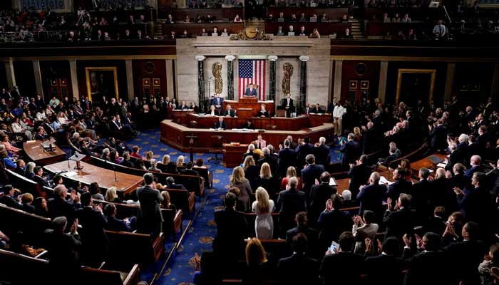 Republicans applaud as US Representative Mike Johnson speaks after being re-elected as Speaker of the House on the first day of the 119th Congress at the US Capitol in Washington, US on January 3, 2025.