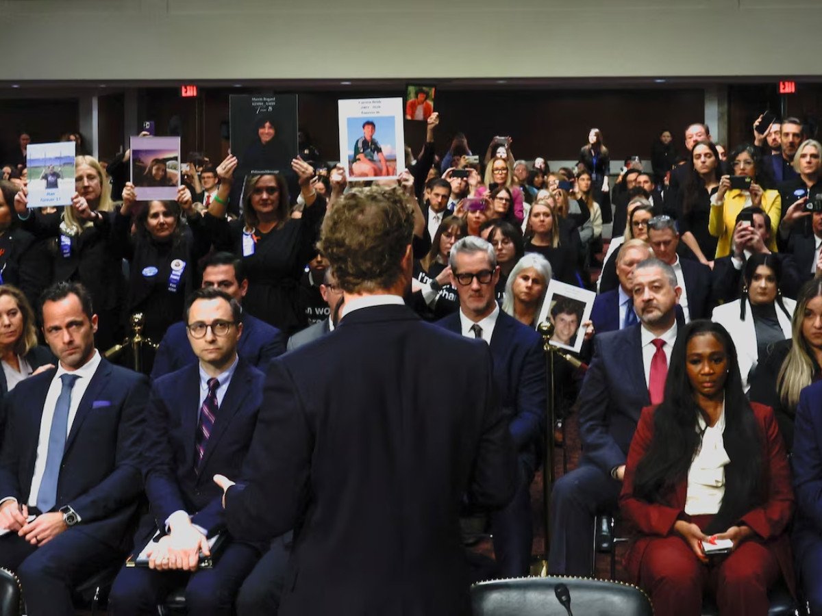 Zuckerberg at a January 2024 Senate Judiciary Committee hearing on online child sexual exploitation. Regulators worldwide are pushing Meta to do more to protect users from child predators, online fraud and other risks. REUTERS/Evelyn Hockstein