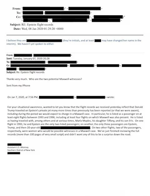 An email discussing Jeffrey Epsteins private jet flight records mentioned Donald Trump in this image released by the Department of Justice, on December 23, 2025. Reuters