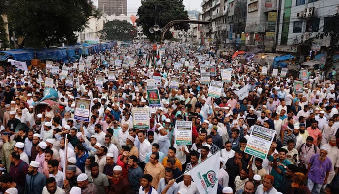 Supporters of Bangladesh Jamaat-e-Islami take part in a protest rally with five-point demand including free and fair election within February of 2026, in front of the Baitul Mukarram National Mosque in Dhaka, Bangladesh, September 18, 2025. — Reuters