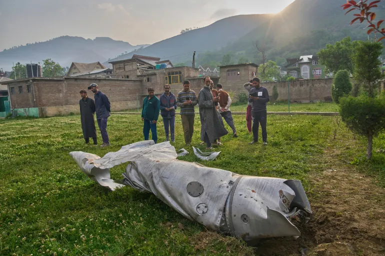 Debris of an aircraft lie in the compound of a mosque at Pampore in Pulwama district of Indian controlled Kashmir, Wednesday, May 7, 2025. (AP Photo/Dar Yasin)