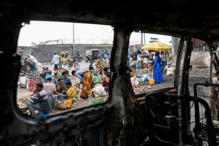 FILE PHOTO: A view shows the remains of a vehicle hit by heavy and light weapons during the fighting in the town that led to the fall of Goma into the hands of the M23 rebels, eastern Democratic Republic of Congo, February 5, 2025. REUTERS/Arlette Bashizi/File Photo