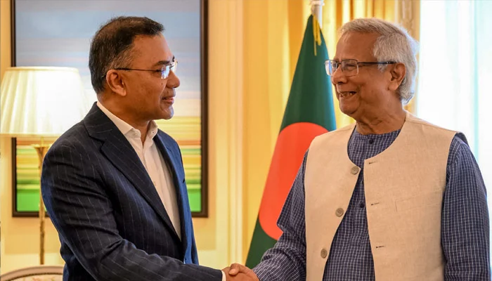 This handout photograph taken and released on June 13, 2025, by Bangladesh´s Chief Advisor Office of Interim Government shows Chief Adviser Muhammad Yunus (R) and acting Bangladesh Nationalist Party (BNP) chairman Tarique Rahman (R) shaking hands during a meeting in London. — AFP