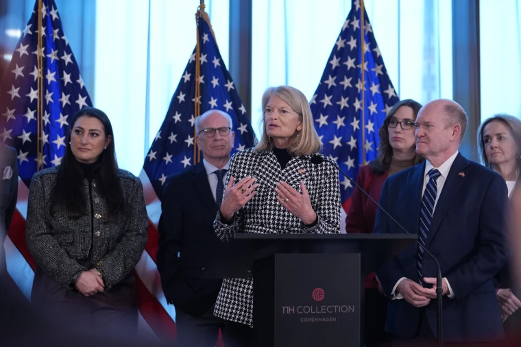 Sen. Lisa Murkowski, R-Alaska, speaks at a press conference in Copenhagen, Denmark, after meeting with Danish officials.