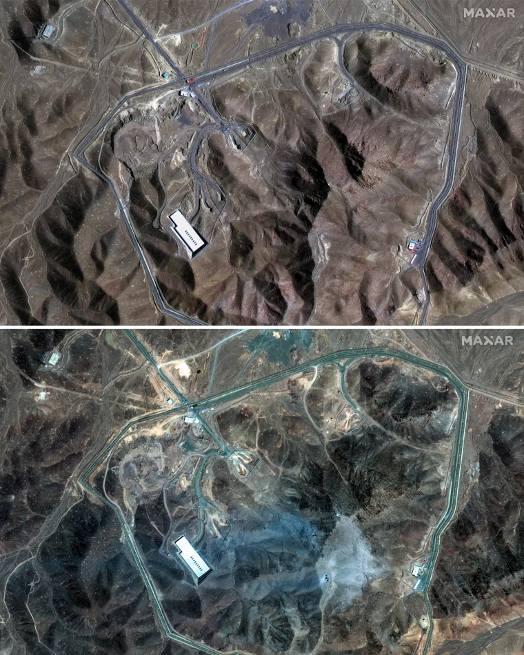 The Fordo nuclear site in Iran on June 20, above, and on June 22 following U.S. strikes.