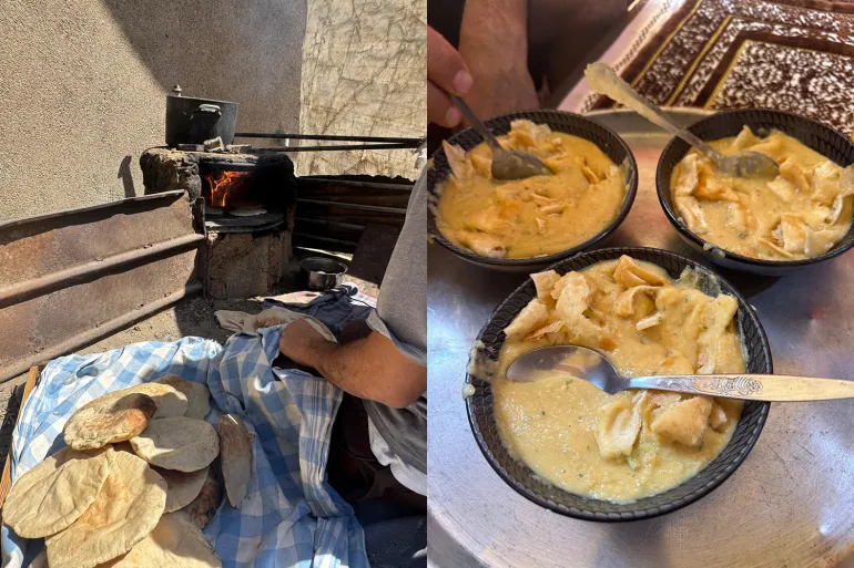 The food that has to last all day for the family. a small basket of bread and three small bowls of lentil gruel