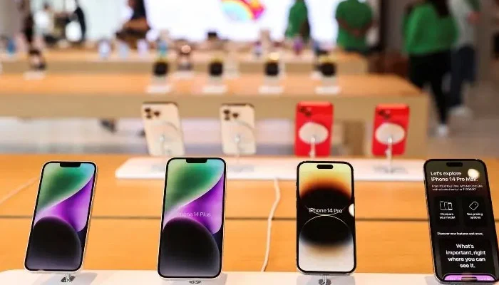 Apple iPhones are seen inside India’s first Apple retail store during a media preview, a day ahead of its launch in Mumbai, India, April 17, 2023. —Reuters