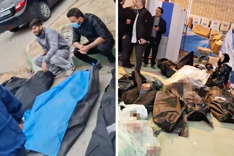 Body bags are lined up at the Tehran Province Forensic Medicine Diagnostic and Laboratory Center in the city of Kahrizak in a video circulated on social media Monday.