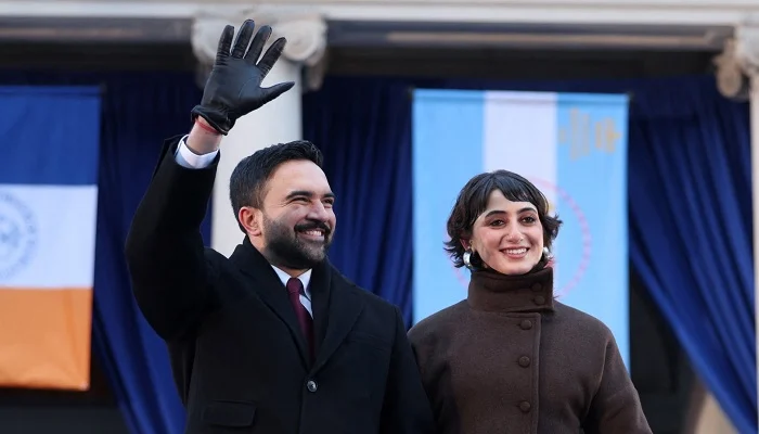 New York City Mayor Zohran Mamdani and his wife, Rama Duwaji, during his inauguration ceremony on January 1, 2026. —Reuters