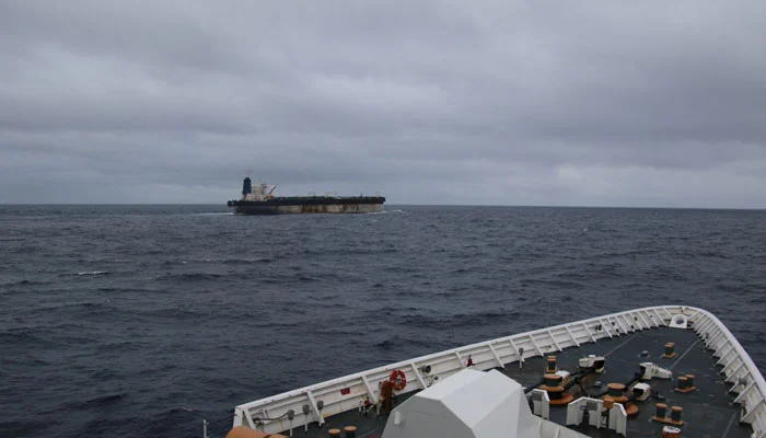 A handout image of the ship Marinera (Ex-Bella 1) seen in the distance, released on January 7, 2026. — Reuters