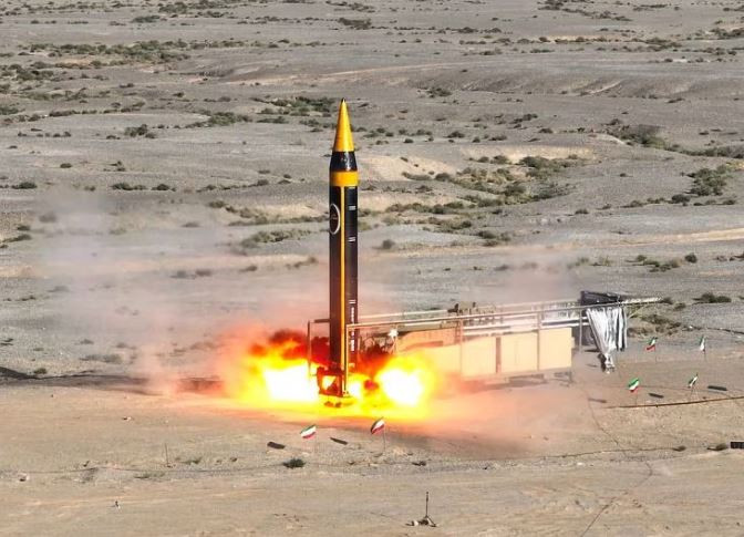 A new surface-to-surface 4th generation Khorramshahr ballistic missile called Khaibar with a range of 2,000 km is launched at an undisclosed location in Iran, in this picture obtained on May 25, 2023. PHOTO: REUTERS