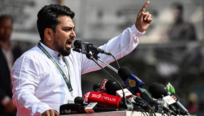 Nahid Islam, National Citizen Party (NCP) chief and election candidate, speaks during a Jamaat-e-Islami party-led alliance rally ahead of Bangladeshs general election in Dhaka on February 8, 2026. — AFP