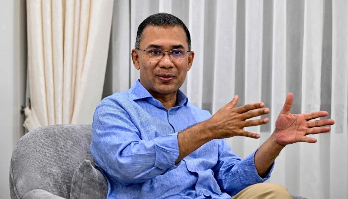 Bangladesh Nationalist Party (BNP) chairman and election candidate Tarique Rahman gestures as he speaks during an interview with AFP at the partys office in Dhaka on February 10, 2026. — AFP