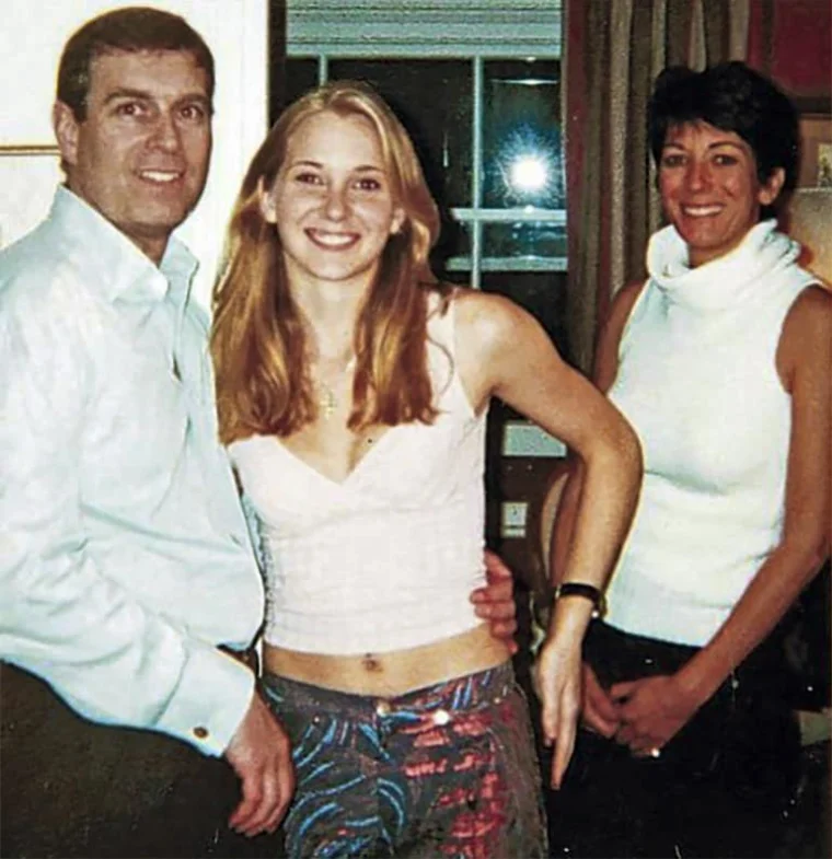 Virginia Giuffre (then Roberts) with Prince Andrew and Ghislaine Maxwell at Prince Andrew's London home in a photo released with court documents.