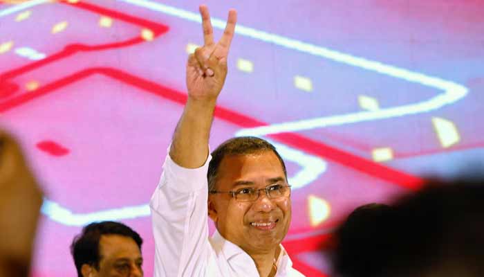 Tarique Rahman, chairman of Bangladesh Nationalist Party (BNP), shows victory sign during a press conference, following the BNPs victory in the 13th general election, in Dhaka, Bangladesh, February 14, 2026.— Reuters