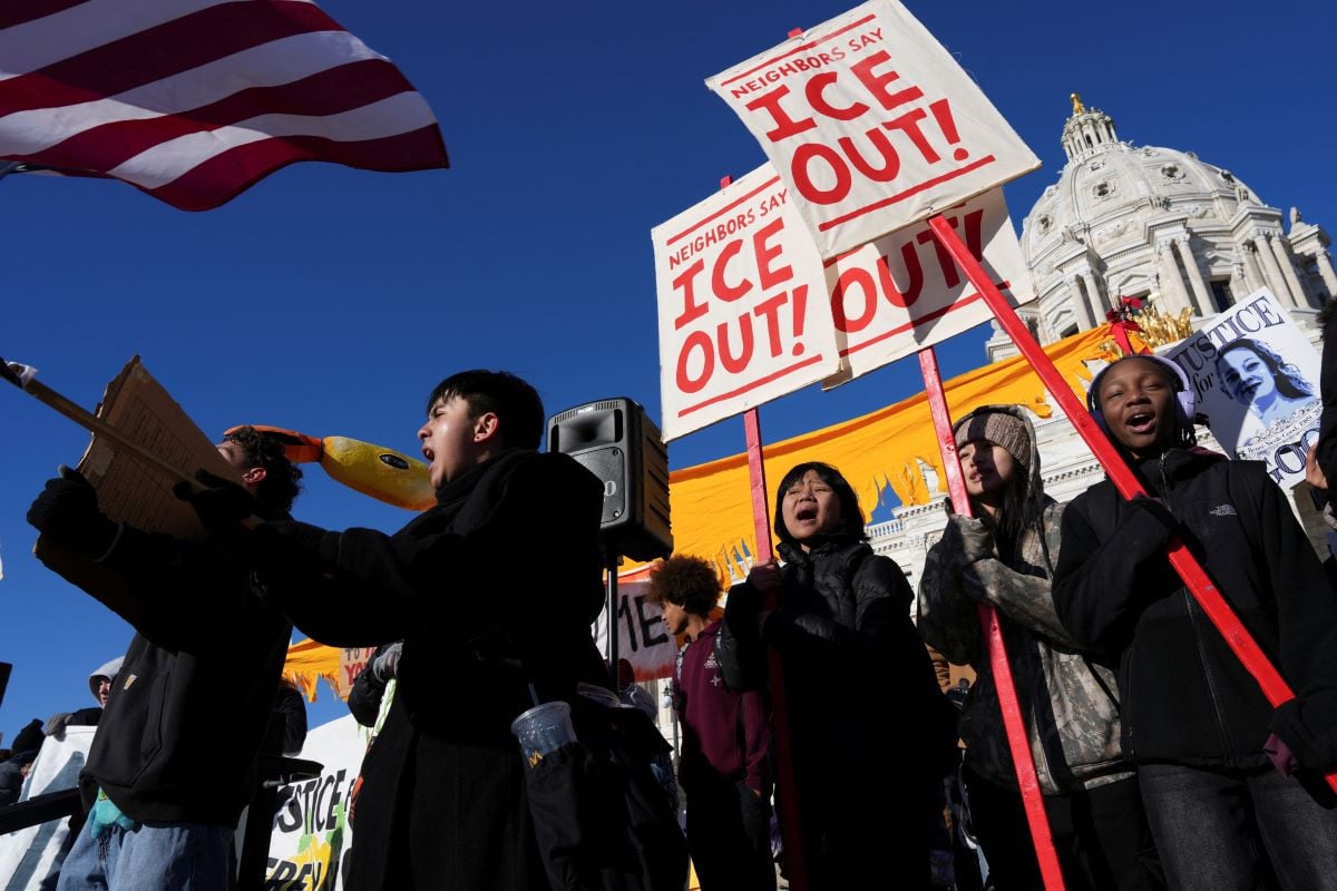 Students take part in a protest against federal immigration action in front of the Minnesota State Capitol building in St. Paul, Minnesota, US, January 14, 2026.  PHOTO: REUTERS