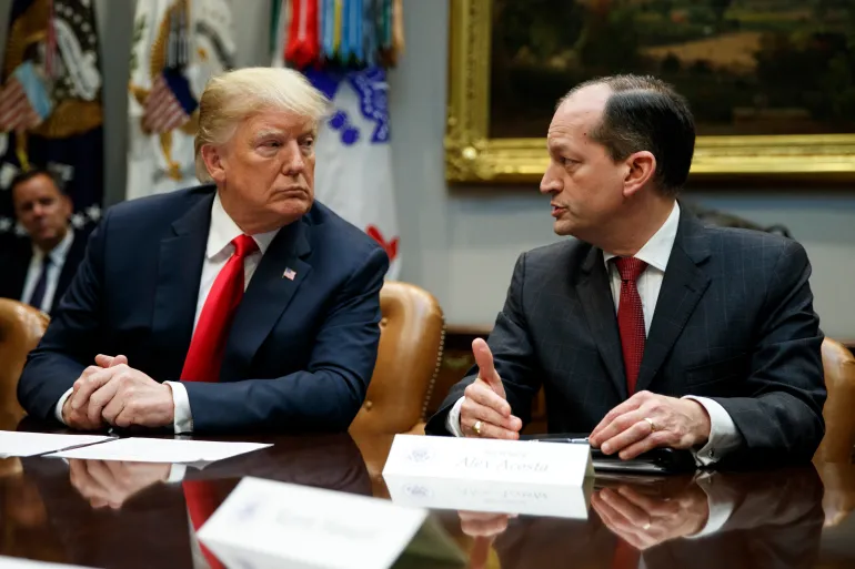 President Donald Trump listens as Labor Secretary Alex Acosta speaks during a meeting of the President's National Council of the American Worker in the Roosevelt Room of the White House, Monday, Sept. 17, 2018, in Washington. (AP Photo/Evan Vucci)
