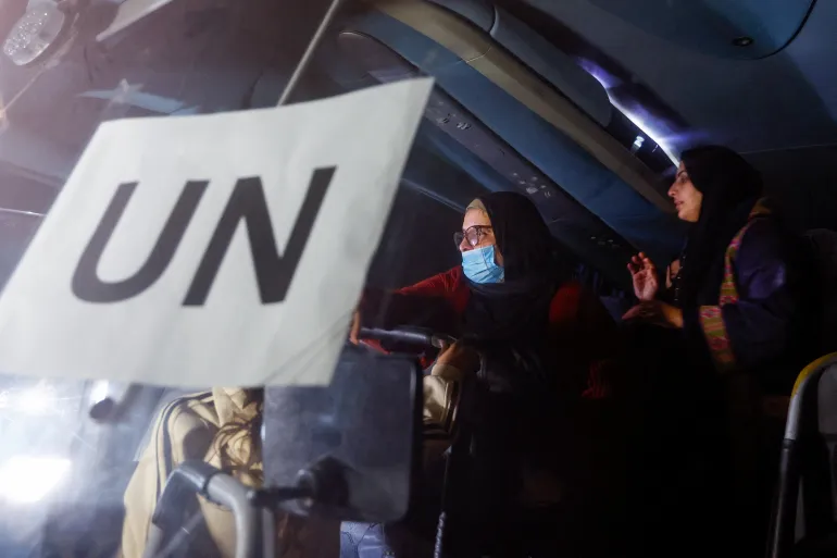 Palestinians coming from the Rafah border crossing between Gaza and Egypt after it was opened by Israel on Monday for a limited number of people, arrive, in a vehicle with a United Nations (UN) label, at Nasser Hospital in Khan Younis in the southern Gaza Strip, February 2, 2026. REUTERS/Mahmoud Issa TPX IMAGES OF THE DAY