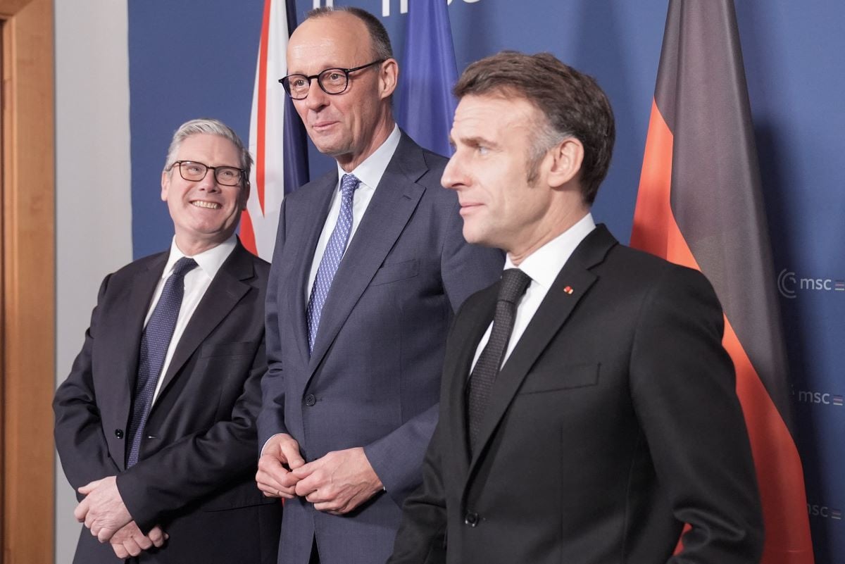 Prime Minister Sir Keir Starmer attends a trilateral meeting with French President Emmanuel Macron and German Chancellor Freidrich Merz at the Munich Security Conference, in Munich, Germany, February 13, 2026.PHOTO: REUTERS