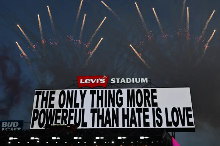 A message is displayed while Puerto Rican singer Bad Bunny performs during the Super Bowl LX Patriots vs Seahawks Apple Music Halftime Show at Levi's Stadium in Santa Clara, California on February 8, 2026.