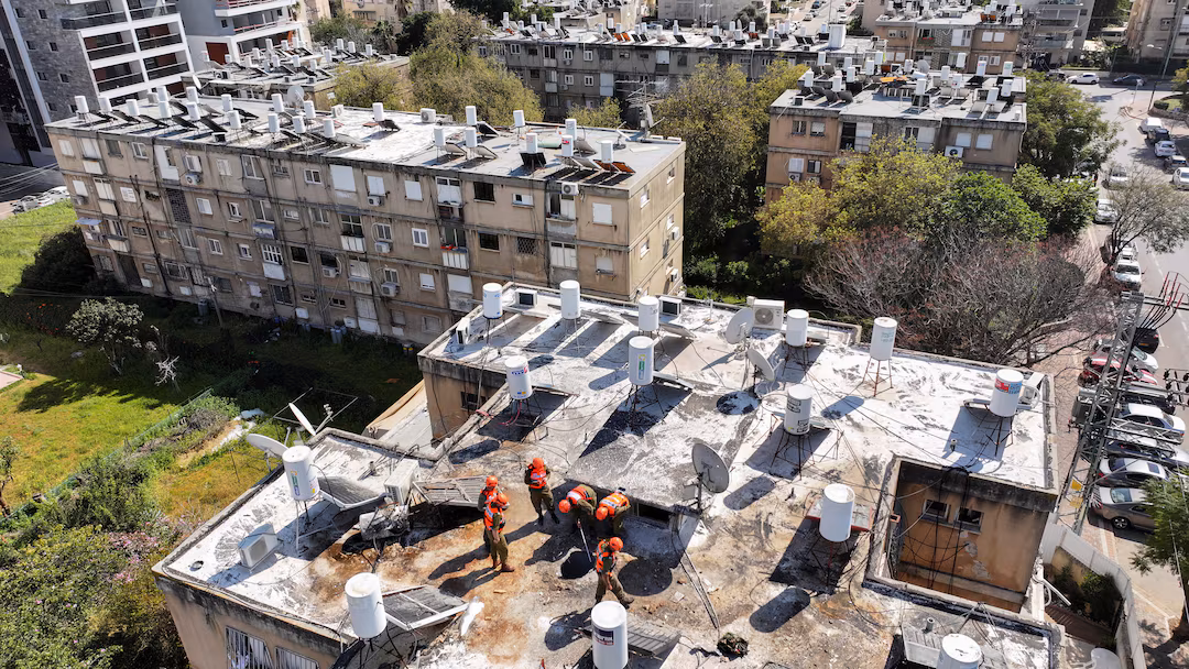 A drone view of site of an Iranian missile strike, amid the U.S.-Israel conflict with Iran, in Petah Tikva