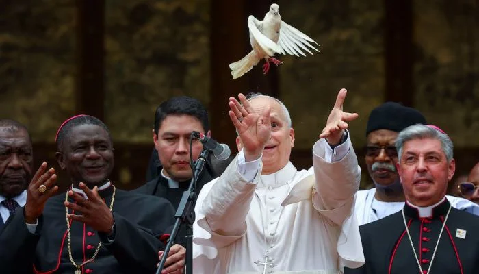 Pope Leo XIV releases a bird next to Archbishop of Bamenda Andrew Fuanya Nkea and other officials after a meeting for peace with the community of Bamenda in Saint Josephs Cathedral in Bamenda, Cameroon, April 16, 2026. — Reuters