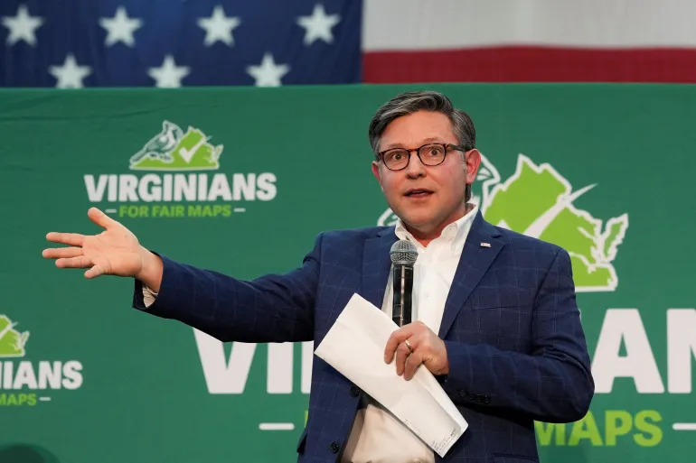 U.S. House Speaker Mike Johnson (R-LA) speaks during a campaign rally 