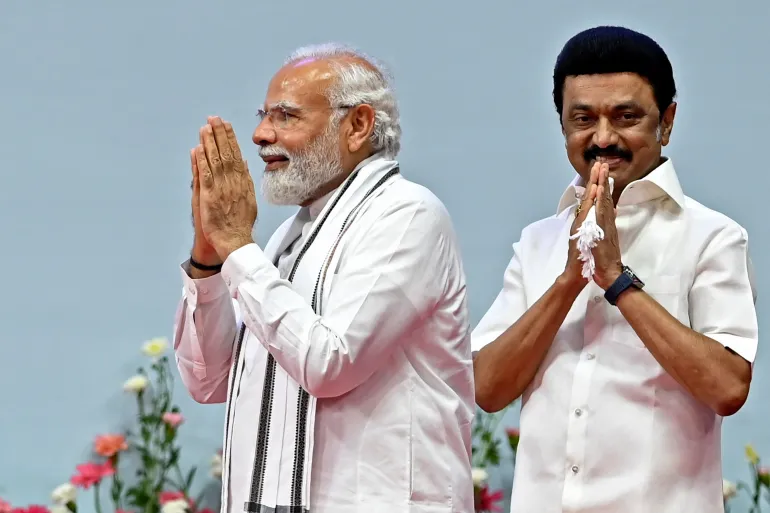 Narendra Modi and the chief minister of Tamil Nadu state M.K. Stalin