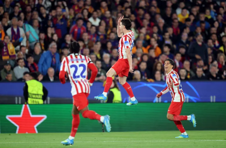 Soccer Football - UEFA Champions League - Quarter Final - First Leg - FC Barcelona v Atletico Madrid - Spotify Camp Nou, Barcelona, Spain - April 8, 2026 Atletico Madrid's Julian Alvarez celebrates scoring their first goal REUTERS/Nacho Doce