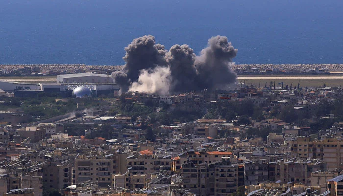 Smoke rises following an Israeli strike on the southern suburbs of Beirut, as seen from Baabda, Lebanon, April 8, 2026. — Reuters