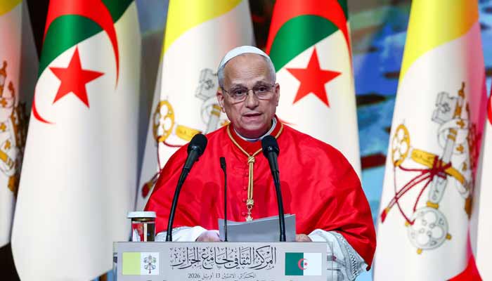 Pope Leo XIV addresses Algeria’s political leaders at the cultural centre of the Great Mosque of Algiers (Djamaa El Djazair), where he criticised violations of international law by “neocolonial” world powers, in Mohamadia, Algiers, Algeria, April 13, 2026.— Reuters