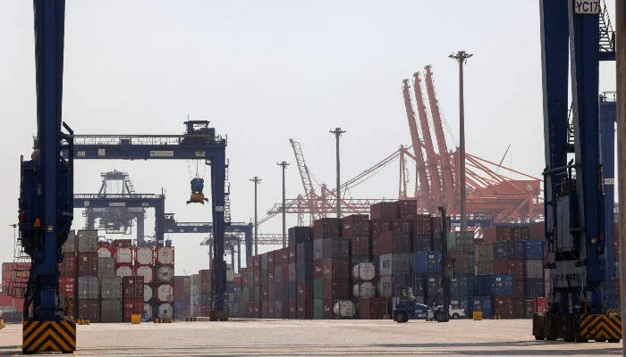 A picture taken March 1, 2022, shows a view of cranes and shipping containers at a loading dock of Jeddahs Islamic Seaport on Saudi Arabia´s western Red Sea coast. — AFP