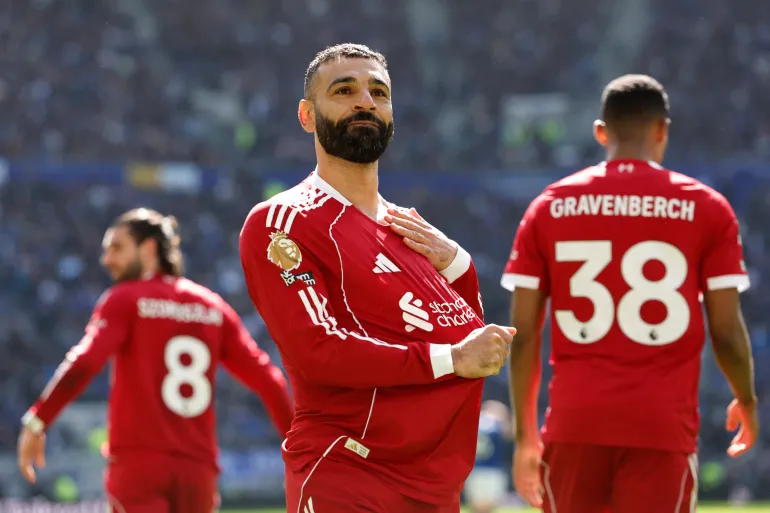 Soccer Football - Premier League - Everton v Liverpool - Hill Dickinson Stadium, Liverpool, Britain - April 19, 2026 Liverpool's Mohamed Salah celebrates scoring their first goal Action Images via Reuters/Jason Cairnduff EDITORIAL USE ONLY. NO USE WITH UNAUTHORIZED AUDIO, VIDEO, DATA, FIXTURE LISTS, CLUB/LEAGUE LOGOS OR 'LIVE' SERVICES. ONLINE IN-MATCH USE LIMITED TO 120 IMAGES, NO VIDEO EMULATION. NO USE IN BETTING, GAMES OR SINGLE CLUB/LEAGUE/PLAYER PUBLICATIONS. PLEASE CONTACT YOUR ACCOUNT REPRESENTATIVE FOR FURTHER DETAILS..