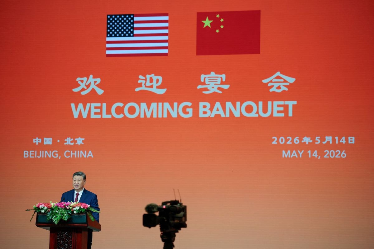 Chinese President Xi Jinping speaks at a state banquet with US President Donald Trump (not pictured) at the Great Hall of the People in Beijing, China, May 14, 2026. REUTERS