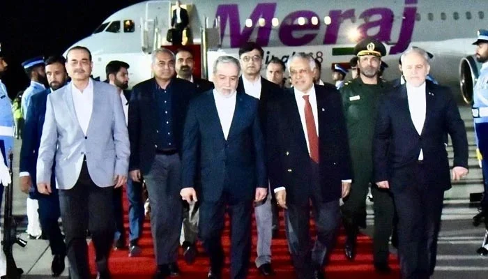 Iranian delegation led by Foreign Minister Abbas Araghchi is welcomed by DPM Ishaq Dar, CDF Field Marshal Asim Munir, and Interior Minister Mohsin Naqvi in Islamabad, April 24, 2026. — X/@MIshaqDar50