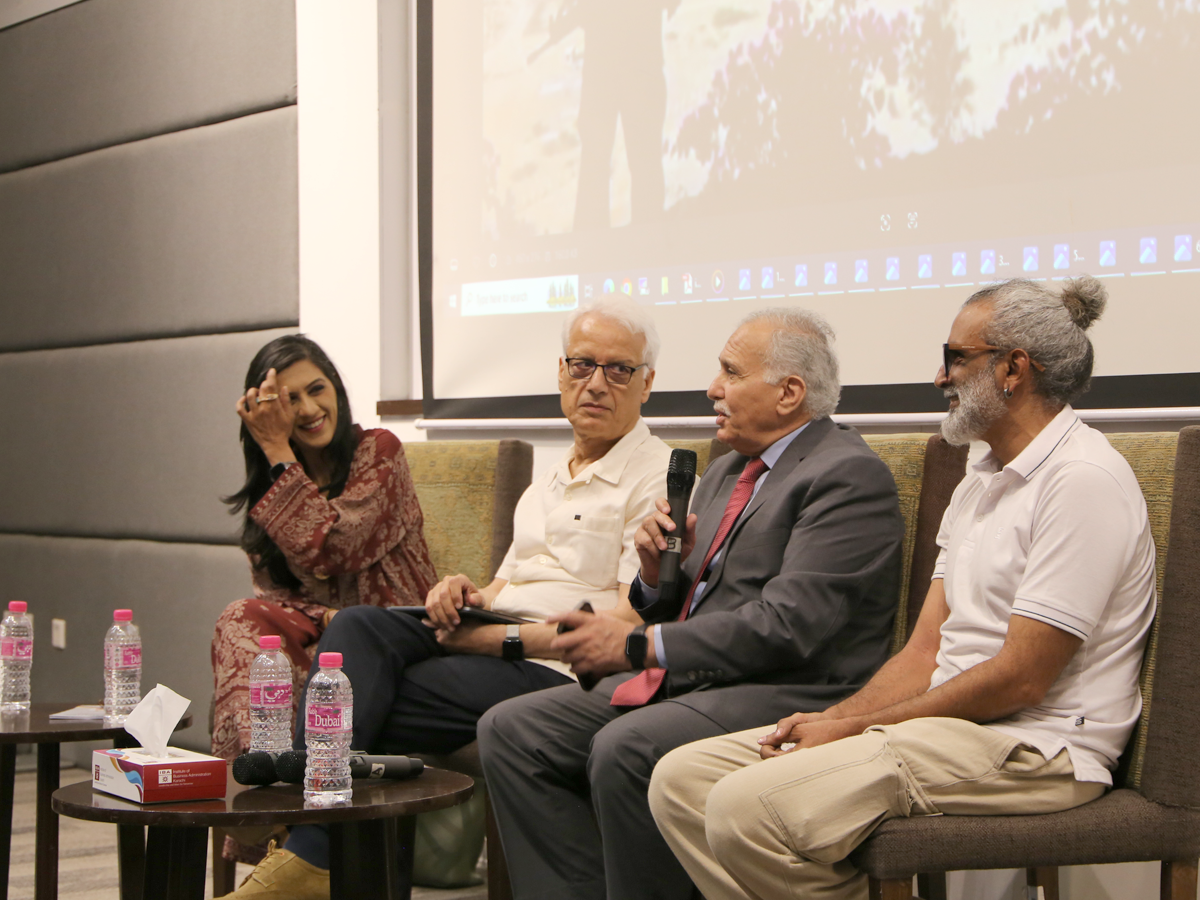 Speakers Iqbal Khattak, Adil Jawad and PFUJ President Shahzada Zulfiqar speak during the panel “Shooting the messenger — the price we pay”, moderated by Nadia Naqi. Photo: CEJ-IBA