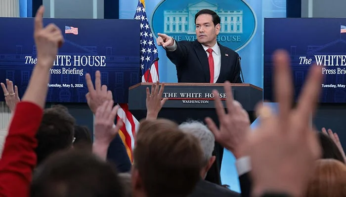 US Secretary of State Marco Rubio points as members of the media raise their hands during a press briefing in the James S Brady Press Briefing Room at the White House in Washington, DC, US, May 5, 2026. — Reuters