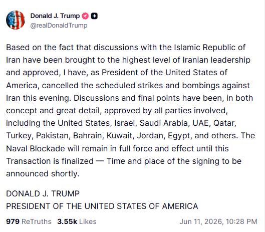 Trump cancels strikes against Iran, signals imminent peace deal signing