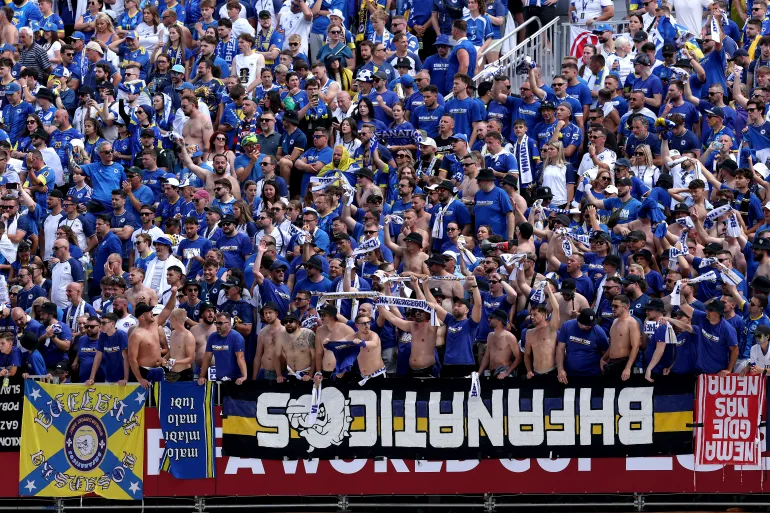 TORONTO, ONTARIO - JUNE 12: Bosnia and Herzegovina fans cheer in the stands during the FIFA World Cup 2026 Group B match between Canada and Bosnia and Herzegovina at Toronto Stadium on June 12, 2026 in Toronto, Ontario. Michael Steele/Getty Images/AFP (Photo by MICHAEL STEELE / GETTY IMAGES NORTH AMERICA / Getty Images via AFP)