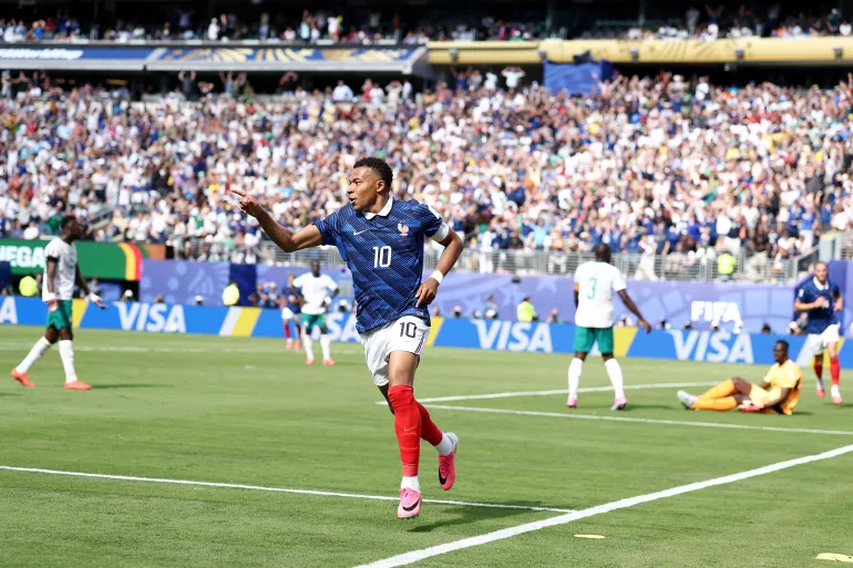 France's forward #10 Kylian Mbappe celebrates after scoring his team's first goal during the 2026 World Cup Group I football match between France and Senegal at the New York/New Jersey Stadium in East Rutherford on June 16, 2026.
