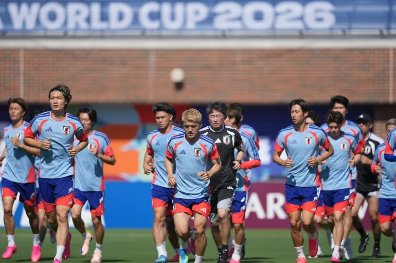 Japan men's national soccer team members attend a training session ahead of their FIFA World Cup soccer tournament Group F match against the Netherlands, Saturday, June 13, 2026, in Dallas. (AP Photo/Julio Cortez)