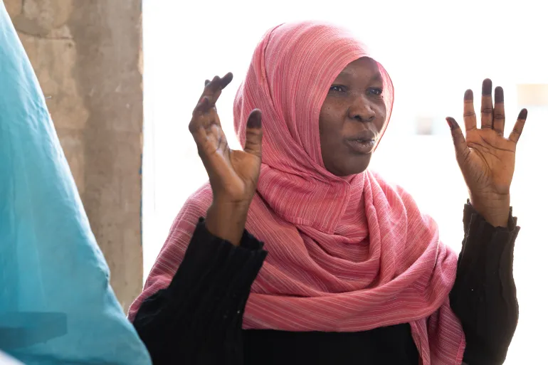 Rokhia Ibrahim, 43 and a Sudanese schoolteacher, inside the school building in the Goudrane refugee camp in eastern Chad