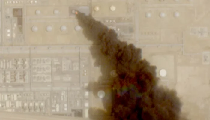 A satellite image shows a trail of smoke rising from an oil facility in Jizan, Jazan province, Saudi Arabia, July 26, 2026. — Reuters