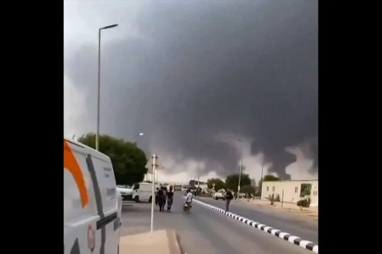 This screen grab taken on July 25, 2026 from an undated UGC video footage posted on social media and verified by AFPTV teams shows clouds of smoke rising after strikes on the Saudi Aramco refinery in Jizan.