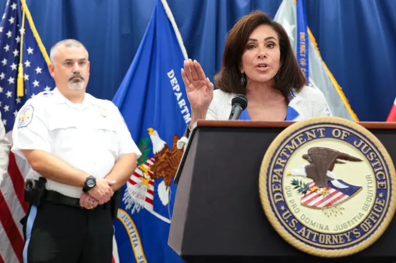 WASHINGTON, DC - JULY 02: U.S. Attorney for the District of Columbia Jeanine Pirro speaks during a press conference at the U.S. Attorney's Office for the District of Columbia on July 02, 2026 in Washington, DC. Pirro announced that former Olympic canoeist David Hearn has been indicted by a grand jury on charges related to alleged vandalism of the Lincoln Memorial Reflecting Pool. Anna Moneymaker/Getty Images/AFP (Photo by Anna Moneymaker / GETTY IMAGES NORTH AMERICA / Getty Images via AFP)
