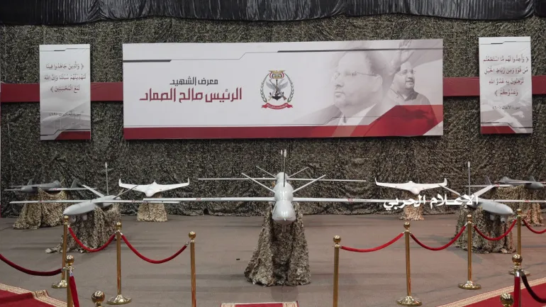 Houthi drone aircrafts are put on display at an exhibition at an unidentified location in Yemen [Reuters]