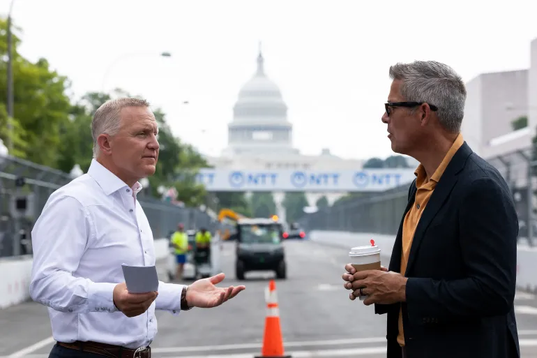 WASHINGTON, DC - AUGUST 20: CEO of Fox Sports Eric Shanks speaks with U.S. Secretary of Transportation Sean Duffy on the Freedom 250 Grand Prix track outside of the National Gallery of Art on August 20, 2026 in Washington, DC. Final preparations continue for the inaugural Freedom 250 Grand Prix, a two-day NTT IndyCar Series street race on August 22 and 23 past National Mall landmarks to celebrate America's 250th anniversary. Finn Gomez/Getty Images/AFP (Photo by Finn Gomez / GETTY IMAGES NORTH AMERICA / Getty Images via AFP)